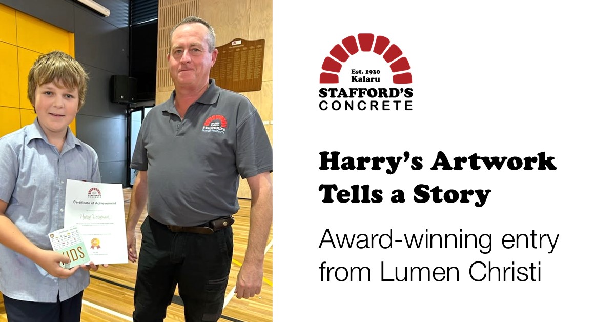 Stafford’s Concrete Art Competition winner graphic featuring Harry Berryman from Lumen Christi Catholic College, recognised for his Indigenous-inspired artwork and message about caring for Country.
