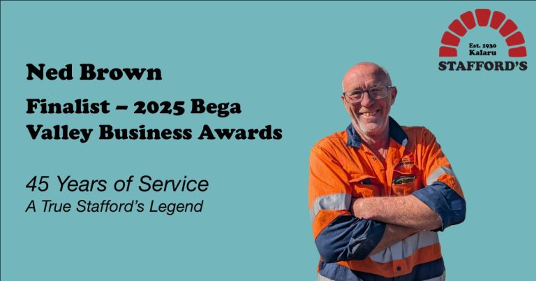 Ned Brown smiling in a hi-vis orange and navy shirt, standing proudly with arms crossed. Text reads: “Ned Brown – Finalist, 2025 Bega Valley Business Awards. 45 Years of Service. A True Stafford’s Legend.”