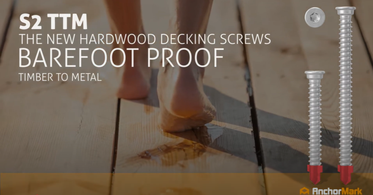 AnchorMark S2 TTM hardwood decking screws – barefoot proof, timber to metal – product image from AnchorMark video.